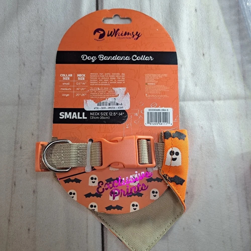 Whimsy Orange Ghost and Bat Dog Bandana Collar Size Small Reversible